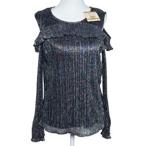 NEW Anne Klein Size S Metallic Black & Silver Cold-Shoulder Top Sleeve Ruffle